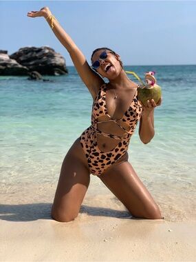 Leopard Print One-Piece Cutout Swimsuit - Tan & Black